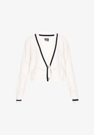 Beskarvet hvid cardigan med dyb V-udskæring, marineblå stribede kanter, metalknaplukning og struktureret strikmønster.