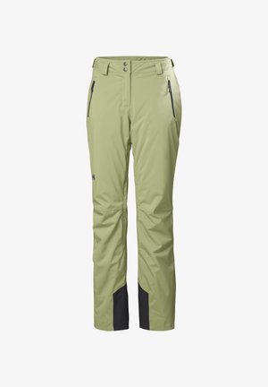 Lichtgroene waterdichte skibroek met zwarte onderpanelen, voorzien van twee met rits gesloten zijzakken en een knoopsluiting bij de taille.