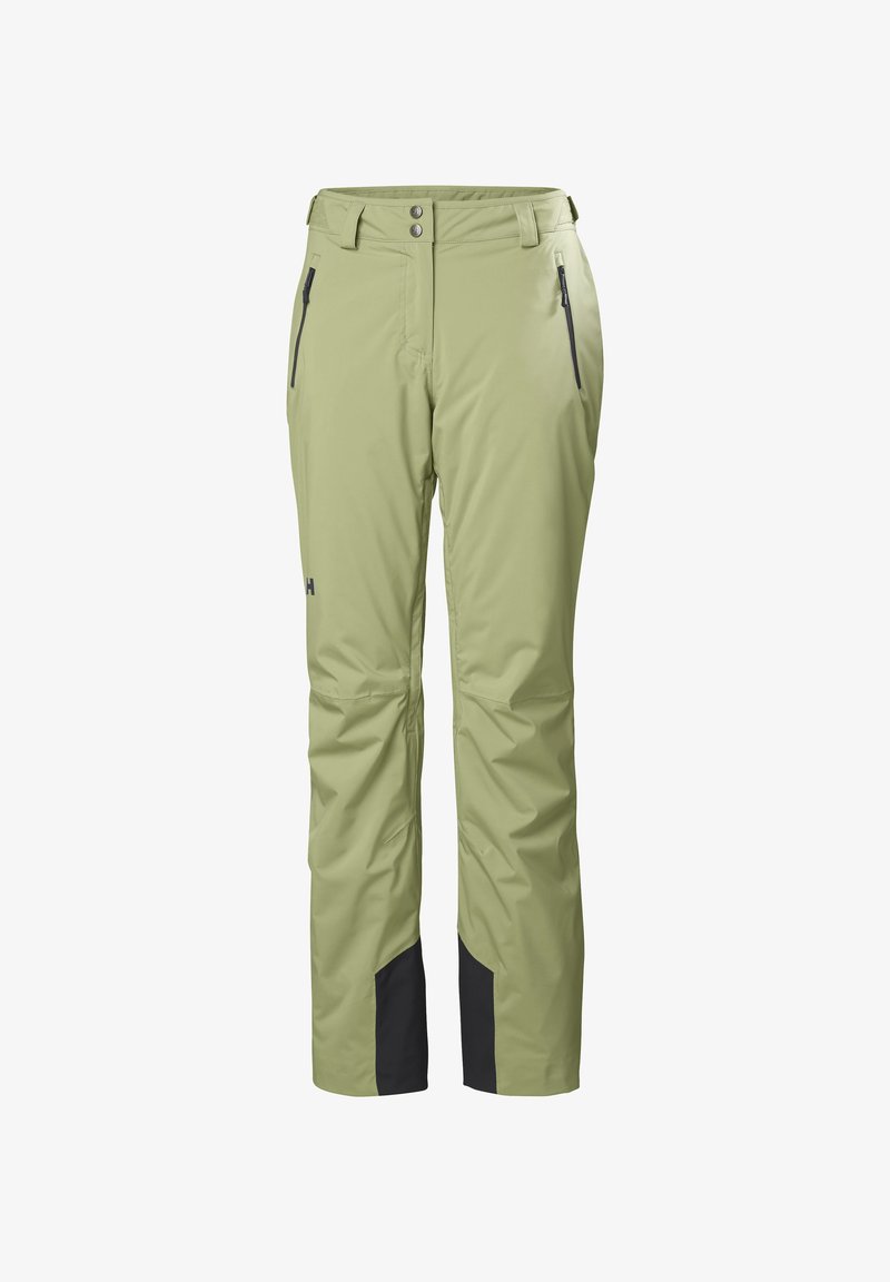 Lichtgroene waterdichte skibroek met zwarte onderpanelen, voorzien van twee met rits gesloten zijzakken en een knoopsluiting bij de taille.