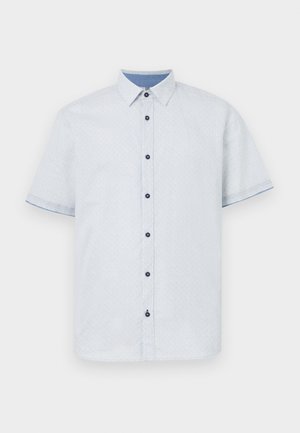 Koszula z krótkim rękawem w jasnoniebieskim kolorze z delikatnym wzorem, z kontrastowym kołnierzykiem i ciemnymi guzikami z przodu.