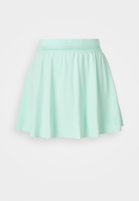 Mintgrønn skjørt laget av glatt, elastisk stoff; har en elastisk midjebånd og en utvidet design. Minimalistisk uten synlige mønstre.