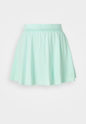 Falda verde menta hecha de una tela suave y elástica; cuenta con una cinturilla elástica y un dise�ño acampanado. Minimalista, sin patrones visibles.