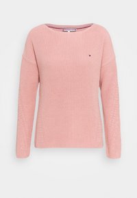 Rosa gestrickter Pullover mit weitem Ausschnitt, langen Ärmeln und strukturierten Mustern. Verfügt über ein kleines Logo auf der Brust.