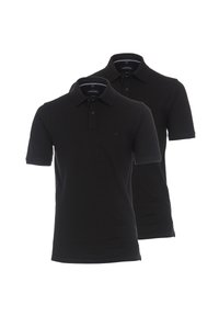 Polos neri con colletto e pattina dei bottoni, realizzati in tessuto liscio. Due camicie esposte, una davanti all'altra.