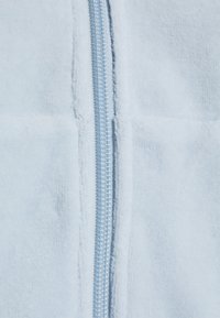Tessuto in fleece azzurro chiaro con una cerniera centrale. Texture morbida, cuciture visibili lungo la cerniera e senza ulteriori motivi o dettagli.