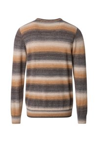 Gestreifter Pullover in Grautönen, Beige und Braun. Stricktextur, Rundhalsausschnitt und lange Ärmel. Mit einer lässigen Passform und geripptem Saum.