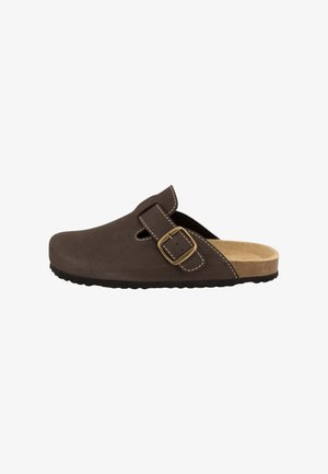 Brun læder slip-on træsko med sidelås, beige polstret indersål og sort tekstureret sål, vist fra ydersiden.