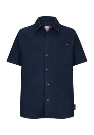 Marineblaue Kurzarm-Hemd mit Knopfleiste, spitzem Kragen und Brusttasche, strukturiertem Stoff sowie einem kleinen schwarzen Markenschild an der Tasche und am Saum.