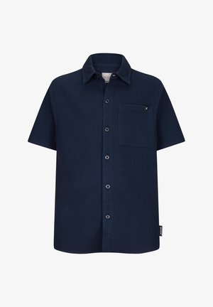 Camicia blu navy a maniche corte con bottoni, colletto a punta e taschino sul petto, tessuto strutturato e una piccola targhetta del marchio nera sulla tasca e sull'orlo.