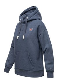 Felpa blu scuro con tasca frontale, cappuccio con cordino e un emblema stampato. Realizzata in tessuto morbido con polsini e orlo a coste.