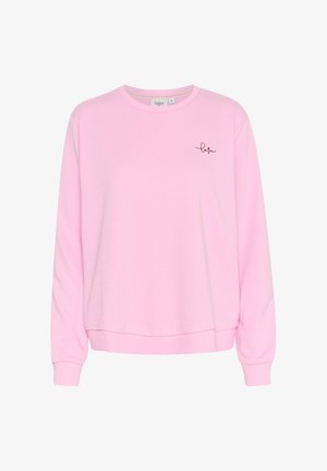 Ljusrosa sweatshirt med rund halsringning, långa ärmar, ribbade cuffs och en liten broderad "love"-design på bröstet.