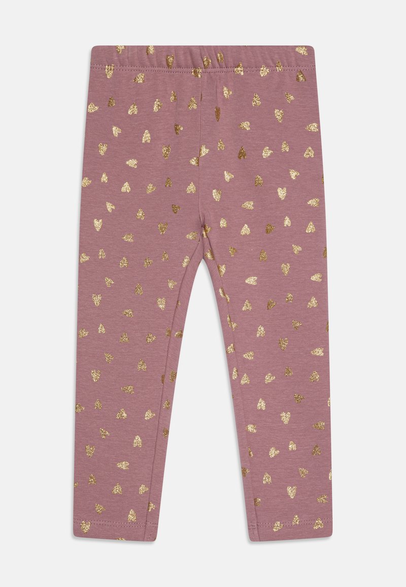 Lila leggings arany csillámporos szívmintával, elasztikus derékpánttal és sima pamut anyaggal a kényelmes viseletért.