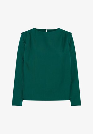Zeleni dugi rukav top s okruglim dekolteom, detaljima plisiranja na ramenima i zatvaranjem na leđima. Glatka tkanina s mat finishem.