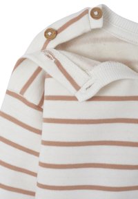 Striped cotton garment featuring soft beige and white stripes, with wooden button accents near the neckline and a folded collar design.