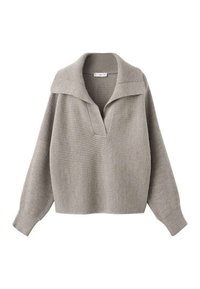 Maglione pullover grigio chiaro con colletto ampio e piatto, vestibilità rilassata, texture a coste e spalle scese, realizzato in materiale lavorato a maglia.