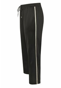 Pantalones de chándal negros con cinturilla elástica, cordón ajustable, bolsillos laterales y una raya blanca vertical que recorre el lateral exterior de la pierna.