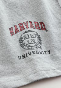 Šedé bavlnené tričko s výrazným červeným a čiernym potlačou „HARVARD“, so stredovým štítom a textom „UNIVERSITY“ nižšie.