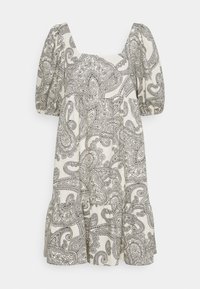 Kevyt mekko kermansävyinen mustalla paisley-kuviolla. Ominaisuuksiin kuuluvat puffihihat, neliönmuotoinen pääntie ja kerroksittainen hame.