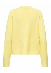 Rumeni pulover, lahka teksturirana tkanina, okrogel izrez, dolgi rokavi, enobarven, hrbtni del brez okraskov, priložnostni slog.