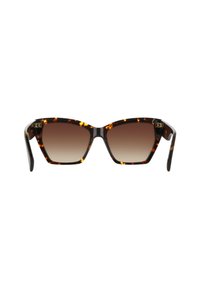 Occhiali da sole tortoiseshell miele con un design ampio e angolare, lenti marroni sfumate e dettagli metallici sulle tempie.