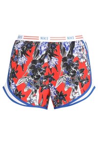 Röda blommiga shorts med ett svart och blått blommönster, ett vitt nätpanel och en blå kant vid fållen och midjan.