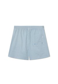 Blå og hvidstribede bomulds shorts med elastisk talje, der har en baglomme og en afslappet pasform.