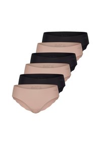 Set van zes damesonderbroeken in twee kleuren: drie huidskleurig en drie zwart. Gladde textuur, laag uitgesneden ontwerp en scalloped randdetails.