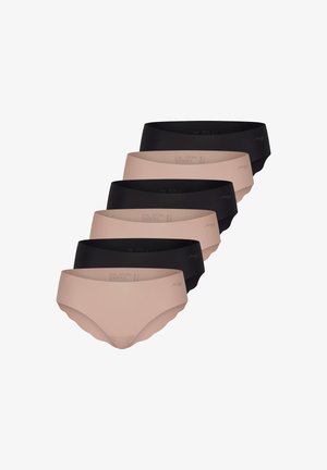 Set van zes damesonderbroeken in twee kleuren: drie huidskleurig en drie zwart. Gladde textuur, laag uitgesneden ontwerp en scalloped randdetails.