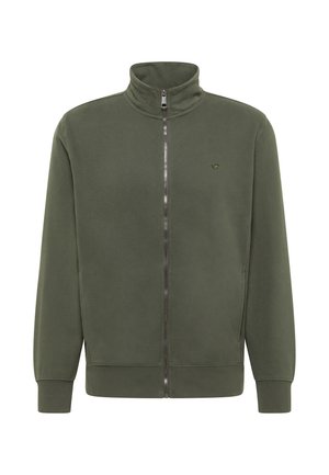 Olive green zip-up sweatshirt with a high collar, made of soft fabric. Features a subtle logo on the chest and ribbed cuffs and hem.