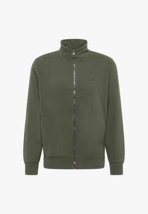 Olive green zip-up sweatshirt with a high collar, made of soft fabric. Features a subtle logo on the chest and ribbed cuffs and hem.
