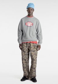 Felpa grigia con logo rosso "VANS", indossata sopra una maglietta rossa; abbinata a pantaloni cargo beige a fantasia camouflage; berretto lavorato a maglia blu; scarpe nere.