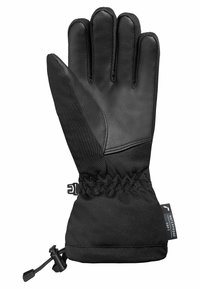 Schwarze Winterhandschuhe mit Lederhandfläche, Stoffrücken, verstellbarem Bündchen und elastischerGathering am Handgelenk. Mit wasserdichtem Etikett.