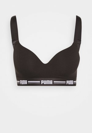 Sutiã preto com um design liso e moldado, apresentando uma faixa elástica larga com o logo branco "PUMA". Alças ajustáveis para um ajuste e conforto.