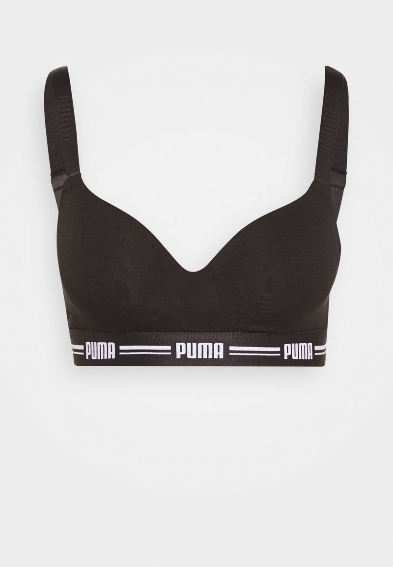 Sutiã preto com um design liso e moldado, apresentando uma faixa elástica larga com o logo branco "PUMA". Alças ajustáveis para um ajuste e conforto.