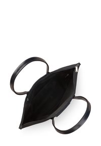 Borsa tote in pelle nera con due manici, chiusura con zip e un ampio interno. L'interno presenta una texture liscia e dettagli minimi.