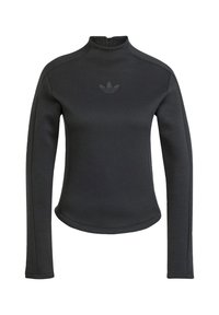 Svart långärmad sweatshirt med hög krage, dragkedja vid halsen, slät textur och en tonad logga på bröstet. Figursydd design.