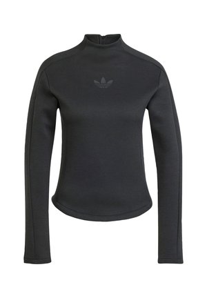 Sudadera negra de manga larga con cuello alto, cuello con cremallera, textura suave y un logo tonal en el pecho. Diseño ajustado.