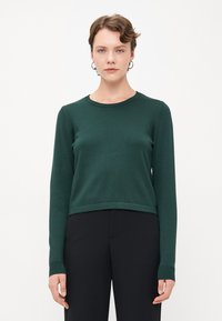 Pull en maille vert avec des manches longues, un col rond et un bord-côte aux poignets et à l'ourlet. Porté sur un pantalon noir. Texture lisse.