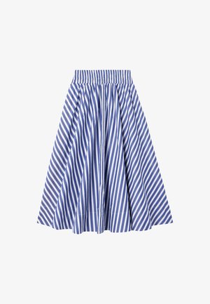 Sinised ja valged triibulised seelikud elastse vöökohtaga, täis A-line kuju ja pleeditud disain, valmistatud kergest kangast.