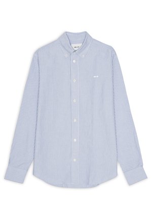 Striped long-sleeve button-up shirt in light blue and white, featuring a classic collar, cuffs, and small logo on the chest.
