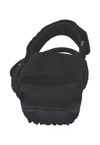 Black sandal with adjustable straps, textured rubber sole, and soft fabric lining. Features a logo on the back strap.