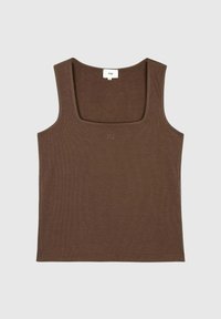 Débardeur marron à côtes avec un décolleté carré et de fines bretelles. Présente un petit logo cousu sur le devant.