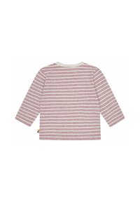 Langärmliges Hemd in Off-White mit roten horizontalen Streifen. Verfügt über einen Rundhalsausschnitt und ein seitliches Etikett in kontrastierenden Farben. Weicher, strukturierter Stoff.
