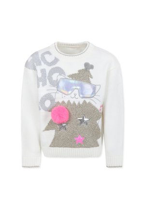 Maglione lavorato a maglia bianco con un design di gatto grigio, dettagli argentati e rosa, un pom-pom rosa e occhiali da sole riflettenti.