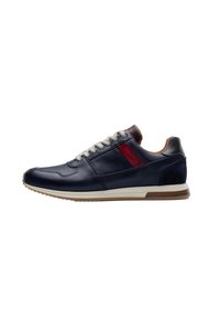 Navy leather and mesh sneaker with grey laces, burgundy accent, and light tan sole. Features rounded toe and patterned side panel.
