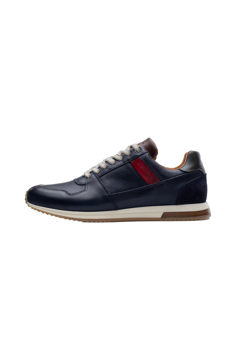 Navy leather and mesh sneaker with grey laces, burgundy accent, and light tan sole. Features rounded toe and patterned side panel.
