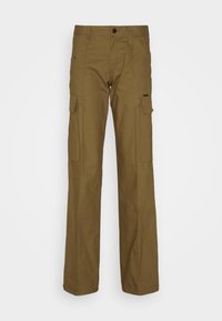 Kargo kalhoty v khaki barvě, vyrobené z pevné bavlněné látky, mají několik bočních kapes a rovný střih nohavic.