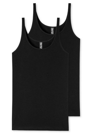 Schwarze Baumwoll-Tanktops mit breiten Trägern, rundem Ausschnitt und einem schlichten Design; zwei übereinander gestapelte Tops sind zu sehen.