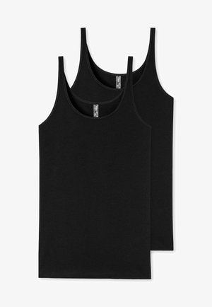 Schwarze Baumwoll-Tanktops mit breiten Trägern, rundem Ausschnitt und einem schlichten Design; zwei übereinander gestapelte Tops sind zu sehen.