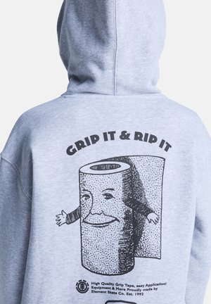 Felpa grigia con cappuccio con stampa grafica di un personaggio dei cartoni animati che assomiglia a un rotolo con volto e braccia, con il testo sopra che dice "AGGUANTALO E STRAPPALO".